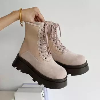 Ботинки на толстой подошве с завышенной талией, женские осенние короткие ботинки со шнуровкой и круглым носком, женская обувь, ретро-ботинки в стиле вестерн из денима для мотоциклистов 35 розовый