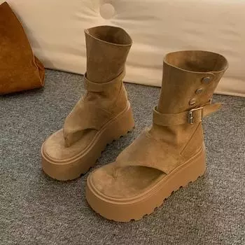 Ботинки на толстой подошве, увеличивающие рост, универсальные, крутые, летние, новые, дышащие, короткие ботинки, коричневые, ретро, сандалии с закрытым носком, женские 35 хаки