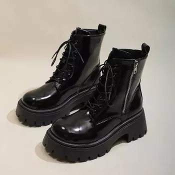 Ботинки на толстой подошве женские осенние дикие короткие ботинки с боковой молнией модные и удобные 35 чёрный