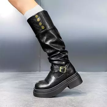 Ботинки на толстой подошве, женские складные ботинки, новая модель весна-осень с пряжкой на ремне, модные ботинки в западном стиле, для полных ног 35