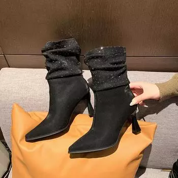 Ботинки на тонком каблуке до щиколотки, современные, зимние, без застежек, 2025, горячая распродажа, женские, с острым носком, на высоком каблуке, однотонные, блестящие, лаконичные женские ботинки хаки