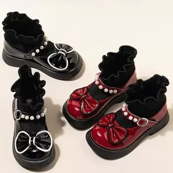 Ботинки-носки для девочек, массивные, с большой бабочкой, элегантные, милые, детские, короткие, из лакированной кожи, зимняя модная детская обувь для малышей 23 чёрный