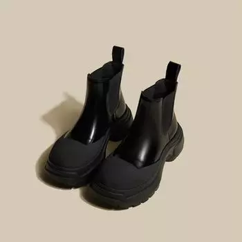 Ботинки Осень Новая мода Натуральная кожа Короткие ботинки Женские английские стильные высокие толстые подошвы Тонкие ботинки Челси 35