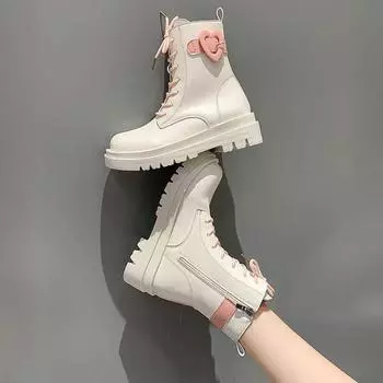 Ботинки Pink Love, милые ботинки Martin с круглой головкой и толстой подошвой, мягкие короткие ботинки для девочек, студенческая обувь 35 белый