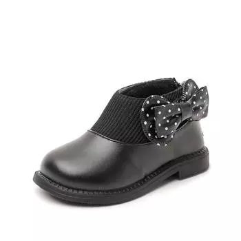 Ботинки принцессы для девочек 2024 года, весна и осень, новые короткие ботинки для маленьких девочек, мягкая подошва с носками-бантиками по бокам, детские ботинки Tide 21 чёрный