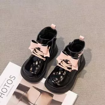Ботинки принцессы для девочек, модные универсальные короткие ботинки, новые осенние детские туфли, шнурки, бархатные милые ботиночки для девочек, теплые бархатные ботильоны 22 insole 13.5cm чёрный
