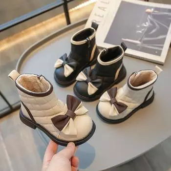 Ботинки принцессы для девочек, осенне-зимние, плюс бархатные хлопковые туфли, обувь принцессы для детей, модная обувь на мягкой подошве 25 чёрный