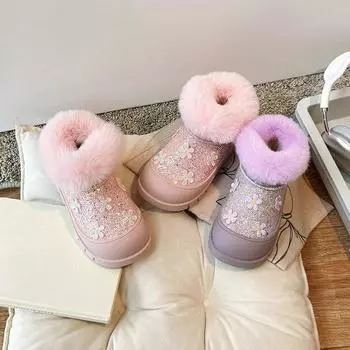 Ботинки принцессы для девочек с мехом, милые детские зимние ботинки с круглым носком, нескользящие, зимние новые модные детские короткие ботинки 2024 года с цветами 23 фиолетовый