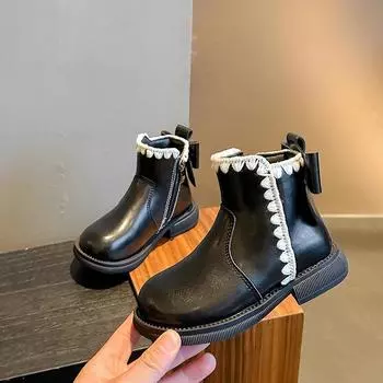 Ботинки принцессы для девочек в британском стиле, новые модные детские зимние ботинки с бантом, плюшевые универсальные детские повседневные хлопковые ботинки с нескользящей подошвой 23 коричневый