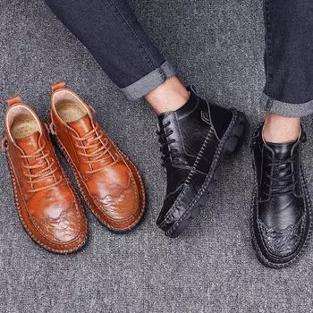 Ботинки ручной работы из натуральной кожи, удобные ботильоны для мужчин, повседневная обувь, обувь для активного отдыха 38 чёрный