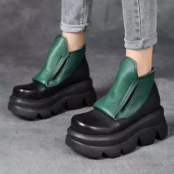 Ботинки ручной работы на танкетке, женские, из натуральной кожи, короткие, с круглым носком, увеличивающие рост, на толстой подошве, женская обувь 225 чёрный