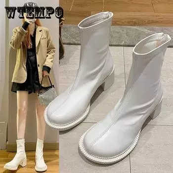 Ботинки с большой головкой. Женские осенне-зимние универсальные ботильоны из мягкой кожи с круглой головкой на толстом высоком каблуке в британском стиле с молнией сзади. 39 белый
