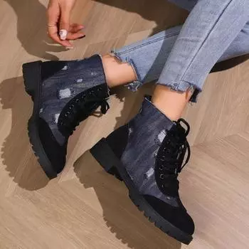 Ботинки с большой круглой головкой, толстые передние шнурки, женские короткие ботинки 36 синий