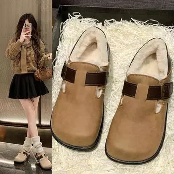 Ботинки с меховой подкладкой, женские, осенние и зимние, большие хлопковые ботинки, зимние ботинки, двухслойная обувь, толстая подошва, стремена, боккен-туфли 35