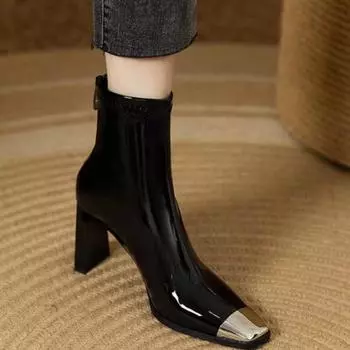 Ботинки с металлическими украшениями, боты до середины голени, квадратный носок, толстый каблук, разноцветные молнии, однотонные молнии, элегантный стиль, офисные женские туфли 35
