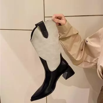 Ботинки с острым носком Джинсовая женская обувь Зимняя обувь Сексуальные туфли на высоком каблуке Высокие сексуальные сапоги-женщины Пуанты Ковбойские выше колена La 35