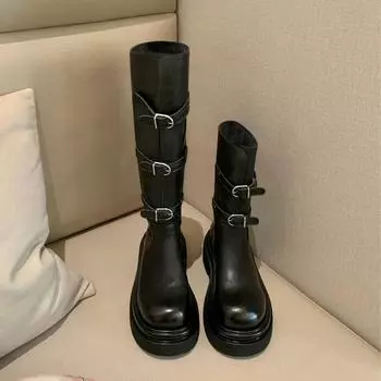 Ботинки с пряжкой на ремне, кожаные ботинки Martin на толстой подошве, женские широкие узкие сапоги на толстом каблуке, длинные сапоги 35