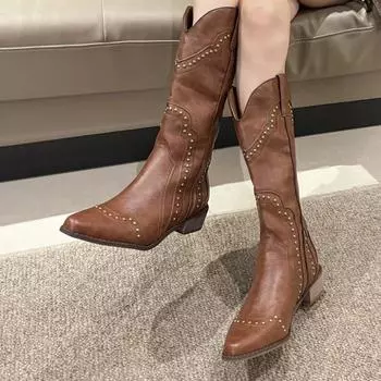 Ботинки с шипами женские 2024 года на низком каблуке ковбойские челси вестерн короткие кожаные до колена роскошные дизайнерские готические новые рок-обувь винтажные 35 темно-коричневого