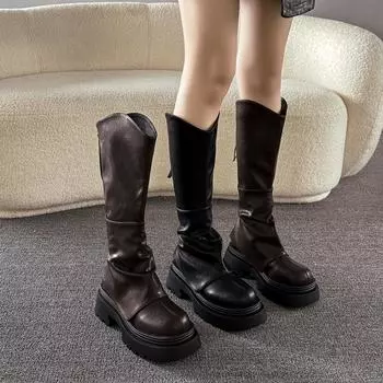 Ботинки с V-образным вырезом детские осенне-зимние маленькие толстые подошвы, но сапоги до колена ретро брюки сложенные высокие рыцарские сапоги 35 чёрный