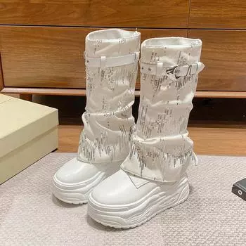 Ботинки средней длины на плоской подошве с современными ботинками, зимние ботинки с круглым носком, горячая распродажа 2024 года, женские ботинки на шнуровке, на низком каблуке, с пряжкой на ремне 35 синий