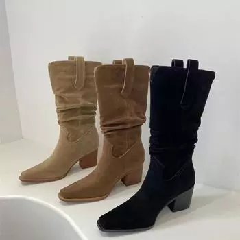 Ботинки средней длины на высоком каблуке с острым носком, осенне-зимние женские ботинки «Челси», ковбойские ботинки на толстом каблуке 35