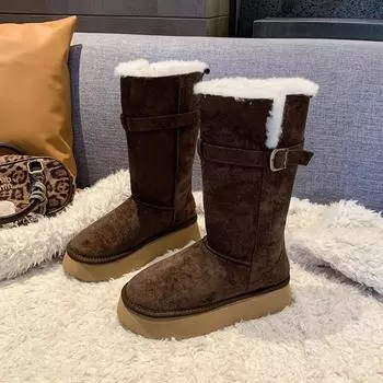 Ботинки средней высоты на плоской подошве с зимними сапогами без застежек и круглым носком 2024 года, модная женская обувь на среднем каблуке с пряжкой, новинка, женские сапоги 35 коричневый