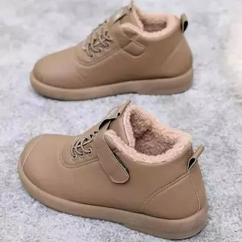 Ботинки средней высоты женские кожаные повседневные удобные туфли для мам женские водонепроницаемые нескользящие зимние ботинки толстые плюшевые теплые туфли на плоской подошве из хлопка 35 чёрный