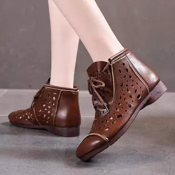 Ботинки в этническом стиле для аэродинамической трубы, весенние и летние, из мягкой кожи, на каблуке средней толщины, классные, с полыми ботильонами, C1430 35 коричневый