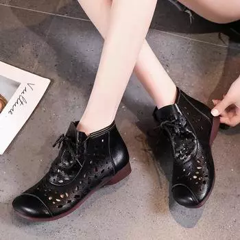 Ботинки в этническом стиле для аэродинамической трубы, весенние и летние, из мягкой кожи, на каблуке средней толщины, классные, с полыми ботильонами, C1430 35 коричневый