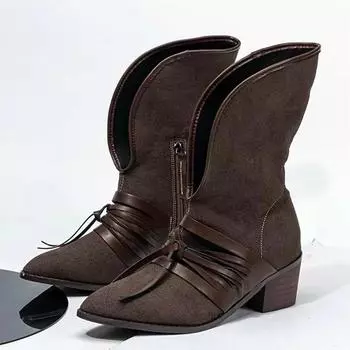 Ботинки в стиле ретро из искусственной замши, женские, осень-зима 2025 г., ботильоны на толстом каблуке, модные, в стиле V, с ремешками, Botas Mujer 35 темно-коричневого