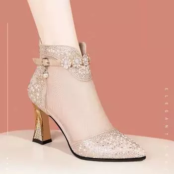 Ботинки Water Diamond Mesh Женские сандалии Hollow Mesh Женские летние босоножки на толстом каблуке Большого размера 34 золотой