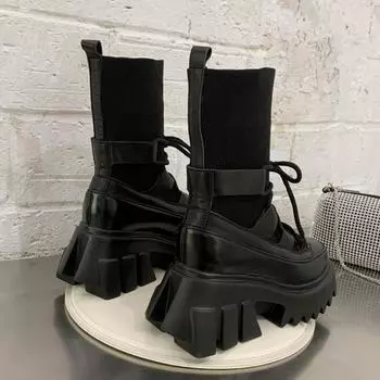 ботинки женские 2024 новые женские повседневные носки из эластичной ткани ботинки модные женские туфли с перекрестными шнурками на платформе ботинки cy87 35 бежевый