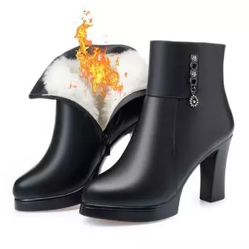 Ботинки женские 2024 зимняя обувь элегантная мода теплые мягкие зимние ботинки на высоком каблуке женские кожаные ботинки Botas De Mujer 34 чёрный