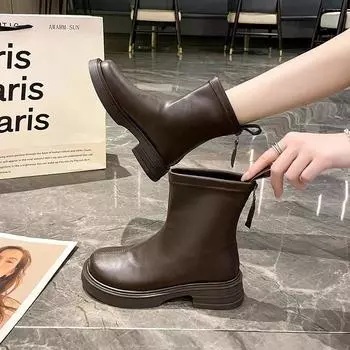 Ботинки женские ботильоны 2024 года, хит продаж, универсальные, осенне-зимние, с круглым носком, на толстой подошве, с толстым каблуком, эластичные 35 коричневый
