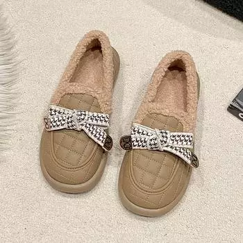 Ботинки женские из хлопка с меховой вставкой, осень-зима 2024 года, новые однопедальные ботинки из бархата и хлопка с ленивым верхом 35