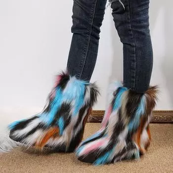 Ботинки женские из искусственного меха пушистые теплые зимние ботинки для отдыха на открытом воздухе роскошные женские плюшевые теплые туфли на платформе новые ботинки большого размера 36 чёрный