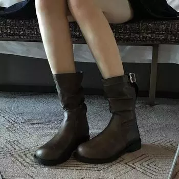 Ботинки женские кожаные ботинки ретро ремень пряжка сапоги до середины голени круглый носок 2024 водонепроницаемые повседневные ботинки женские Botas De Mujer 35 чёрный