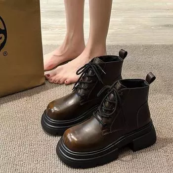Ботинки женские модные и удобные летние тонкие толстые с юбкой ретро короткие ботинки 35 коричневый