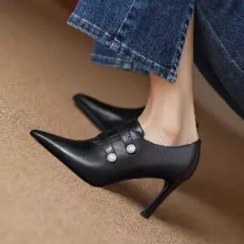 Ботинки женские на высоком каблуке, модельные туфли, полусапожки с двумя жемчужинами, новые дизайнерские зимние осенние ботильоны, туфли-лодочки с застежкой-молнией и острым носком 35 чёрный