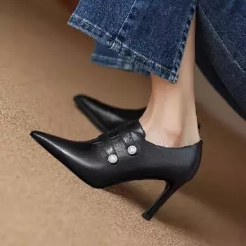 Ботинки женские на высоком каблуке, модельные туфли, полусапожки с двумя жемчужинами, новые дизайнерские зимние осенние ботильоны, туфли-лодочки с застежкой-молнией и острым носком 35 чёрный