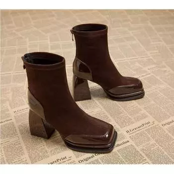 Ботинки женские нескользящие зимние однотонные 2024 Высококачественные квадратные каблуки Модные женские ботильоны с застежкой-молнией сзади Botines Mujer 35 чёрный