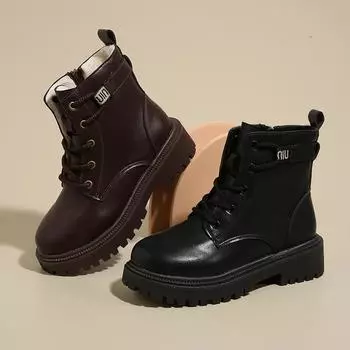 Ботинки женские нескользящие зимние однотонные 2024 Высококачественные квадратные каблуки Новые модные женские ботильоны на шнуровке Botines Mujer 35 чёрный