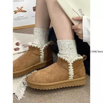 Ботинки женские новинка 2024 года женская обувь австралийская зимняя обувь круглый носок плоский каблук женская зимняя низкая резиновая щиколотка флок шнуровка Basi 35 бежевый
