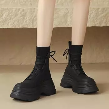 Ботинки женские осенне-зимние туфли на шнуровке вязаные лоскутные носки Botines с круглым носком на толстой подошве короткие черные ботинки на каблуке Botas Mujer 35 чёрный