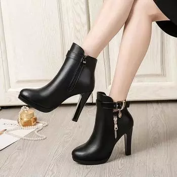 Ботинки женские осенние элегантные ботильоны для женщин на тонком каблуке с молнией повседневные женские модные роскошные туфли классические черные Botas Mujer 34 чёрный