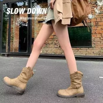 Ботинки женские осенние ретро-сапоги с V-образным вырезом, мягкие кожаные ковбойские сапоги с плоской подошвой, средние женские британские ботинки Martin 40 35 хаки