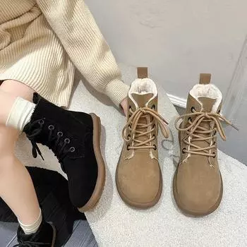 Ботинки женские с плоской подошвой, удобная обувь для женщин, повседневные, плюшевые, флисовые, для тепла, ботильоны на шнуровке для женщин, Botas De Mujer 35 чёрный