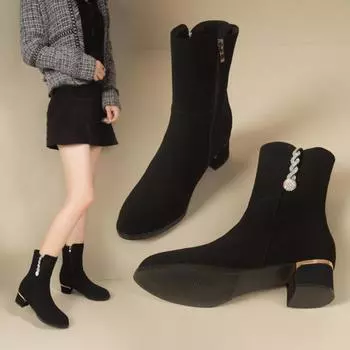 Ботинки Женские средние ботинки Грубый каблук Матовые меховые ботинки Женские ботинки Короткие ботинки 35 чёрный