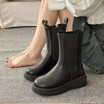 Ботинки женские весенние и осенние одинарные ботинки Muffin Thick Bottom Chelsea Short Boots Boots Mid-Caften Boots Smoke Tube Boots 35 чёрный