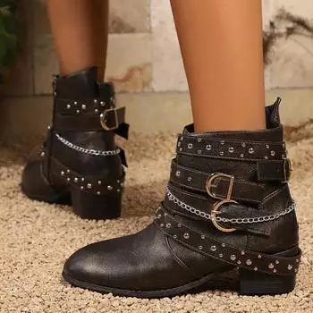 Ботинки женские зимние ковбойские ботильоны для женщин больших размеров готические панк-обувь кожаные короткие челси ботиночки новые пряжки винтажные ботиночки 36 чёрный